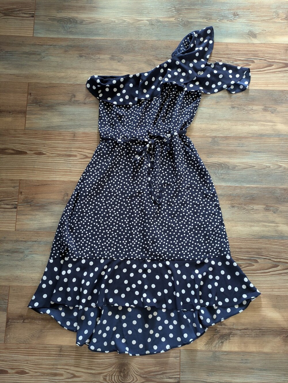 A New Day Navy Blue & White Polkadot One Shoulder Tank Tube Ruffle Midi Dress